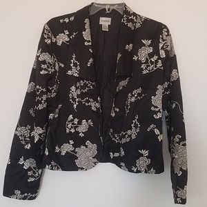 Chicos Black Silk Blazer with White Stitched flowers